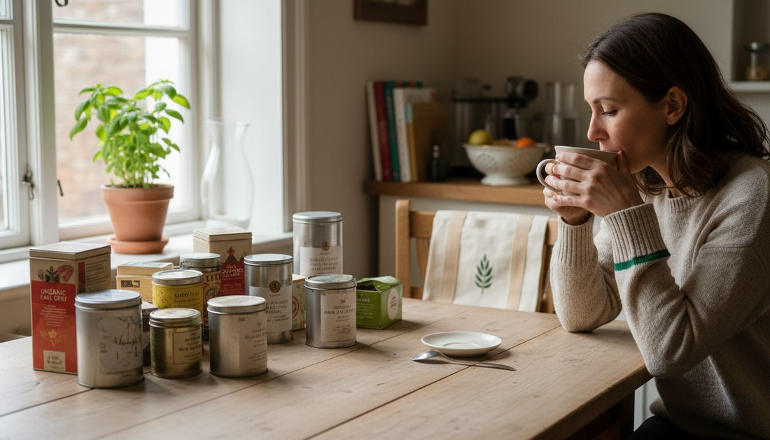 Woman reviewing eco tea products at kitchen table