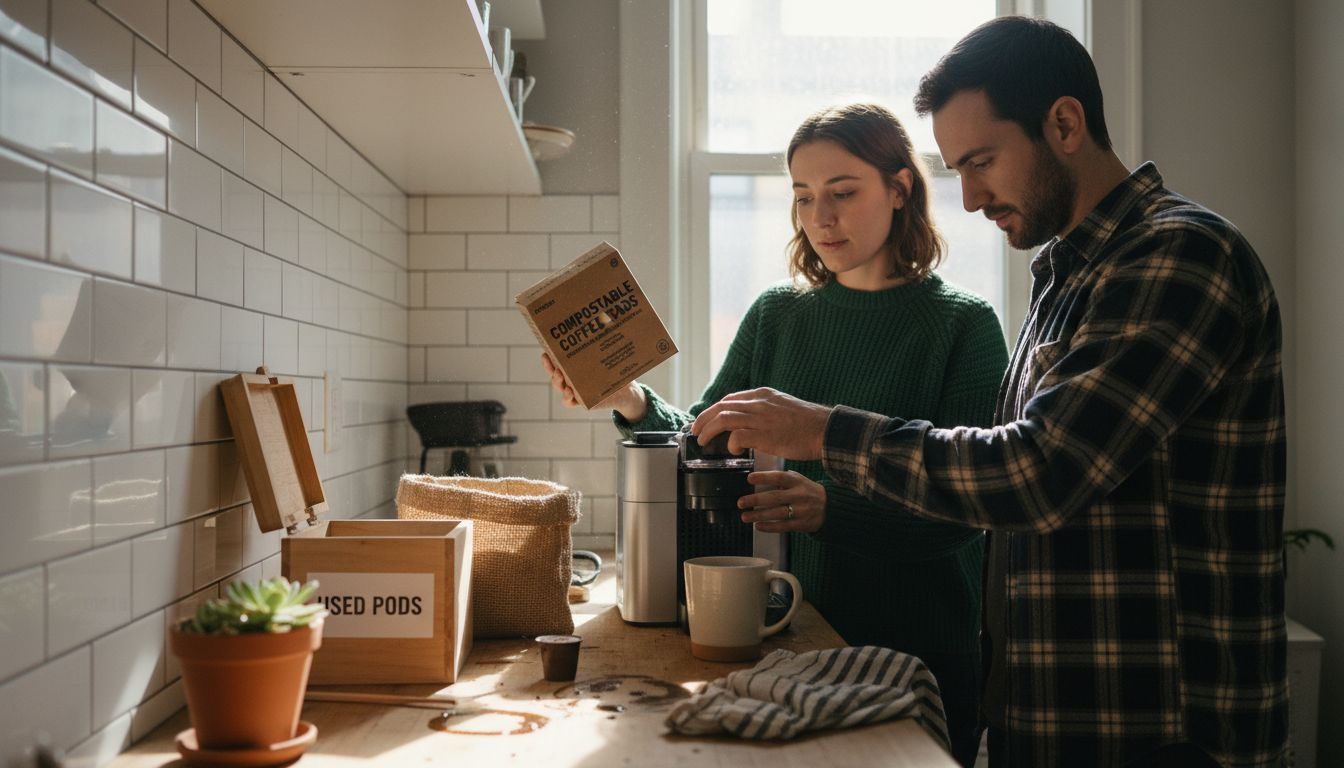 Couple makes coffee with compostable pods