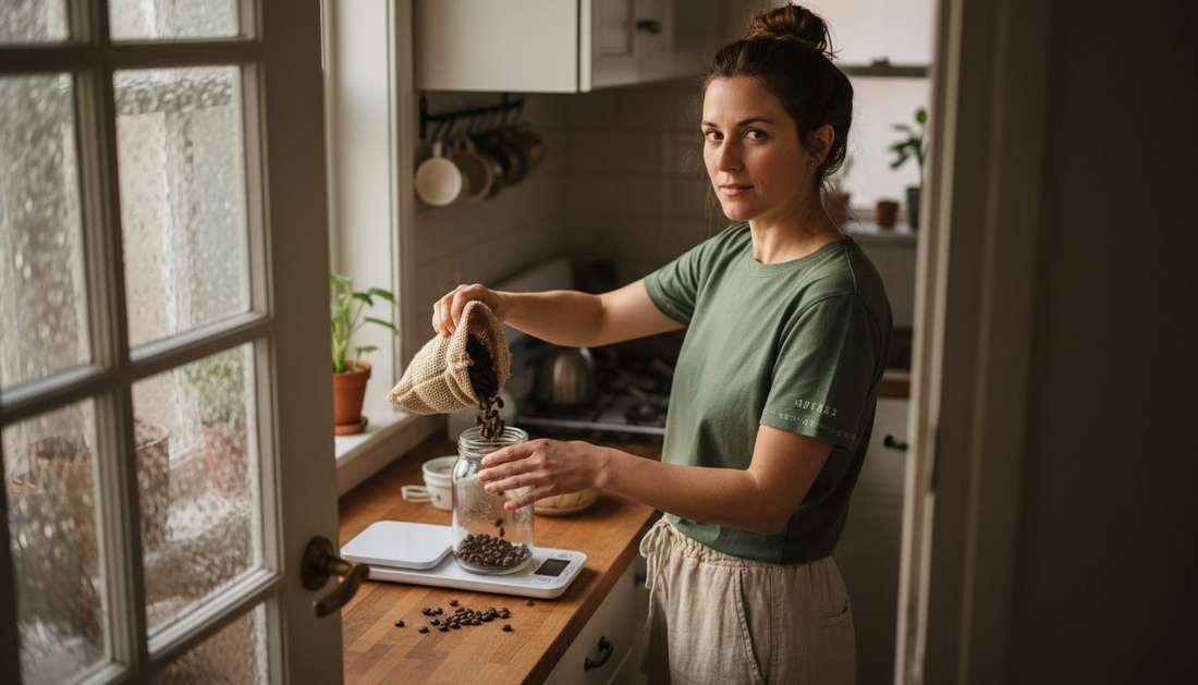 Woman storing coffee beans for sustainability