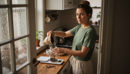 Woman storing coffee beans for sustainability