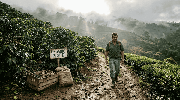 Worker walking on dewy coffee tea farm hillside