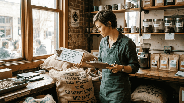 Woman inspecting responsible sourcing coffee shipment