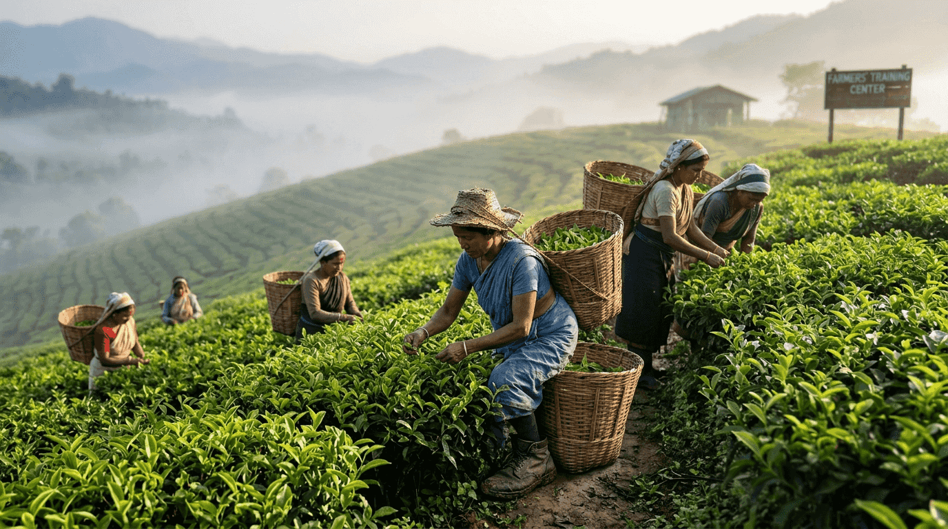 Tea pickers harvesting leaves on hillside estate
