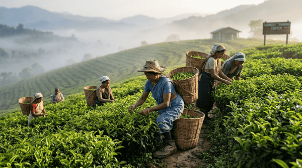 Tea pickers harvesting leaves on hillside estate