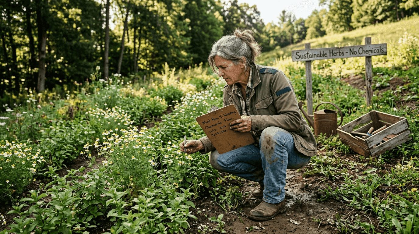 Farmer inspecting sustainable herbal tea crops