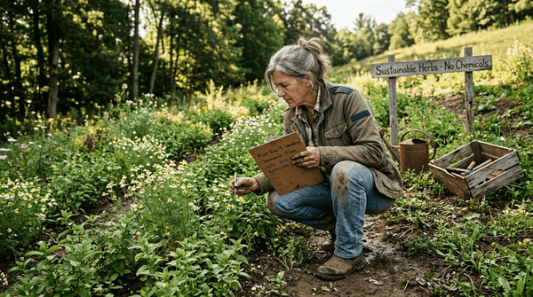Farmer inspecting sustainable herbal tea crops