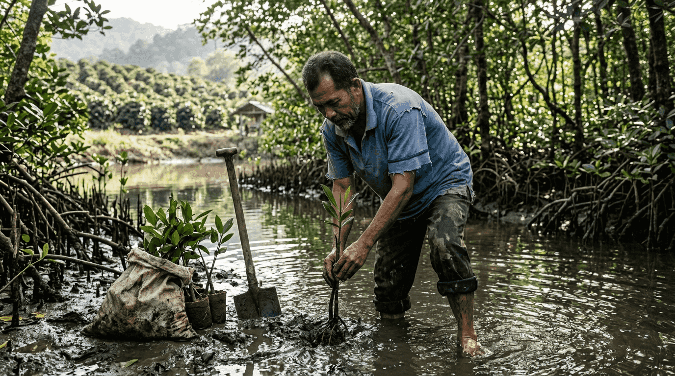 Farmer planting mangroves near coffee bushes