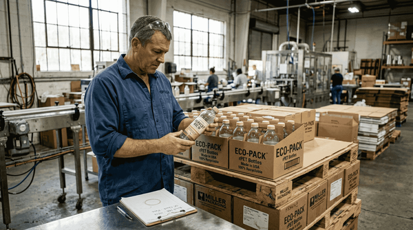 Manager inspecting eco beverage packaging