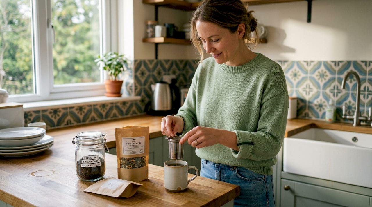 Woman brewing plastic-free tea in sunlit kitchen
