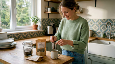 Woman brewing plastic-free tea in sunlit kitchen