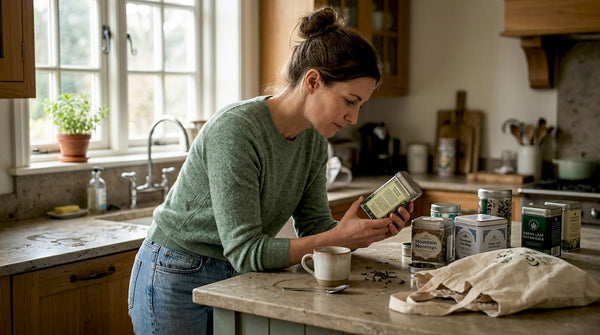 Woman examining tea label for ethics in kitchen