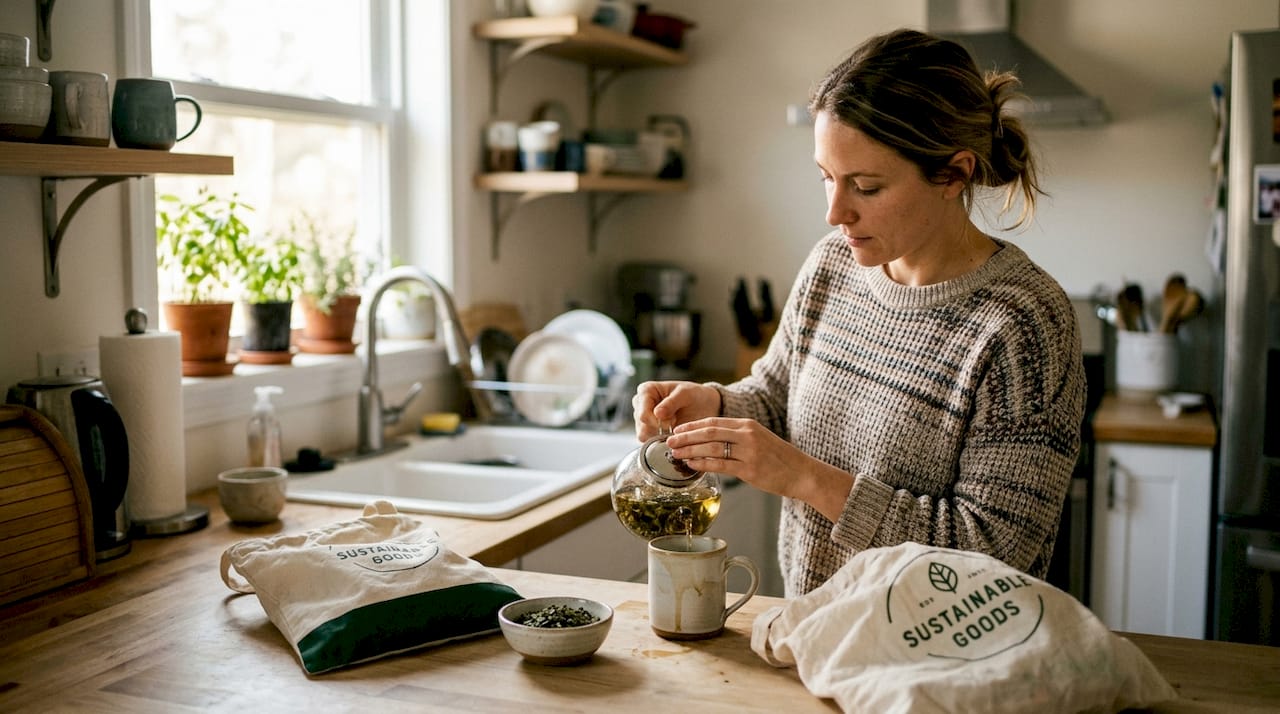 Woman making eco-friendly tea in lived-in kitchen