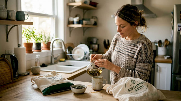 Woman making eco-friendly tea in lived-in kitchen