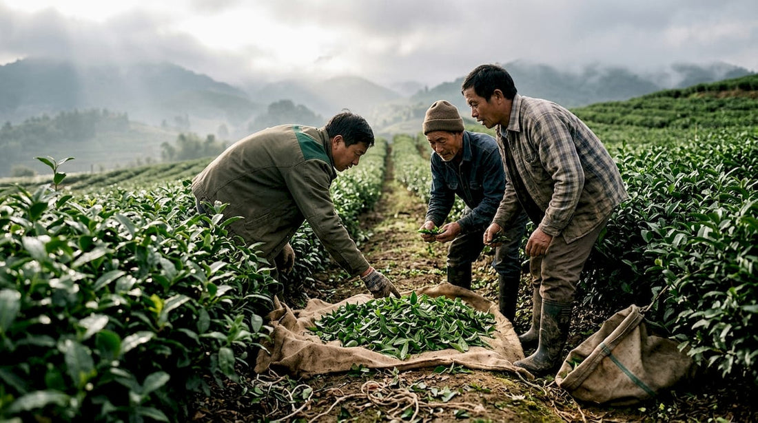 Farmers inspecting tea leaves on plantation