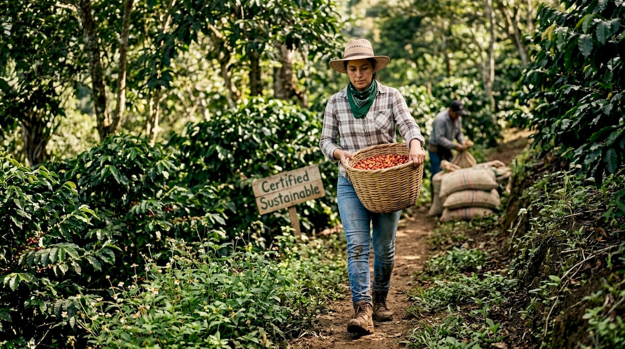 Farmer harvesting on certified coffee farm