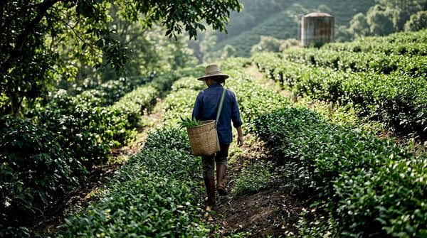 Farm worker walking in coffee and tea field