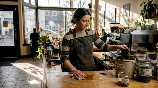 Barista sorting coffee waste for recycling