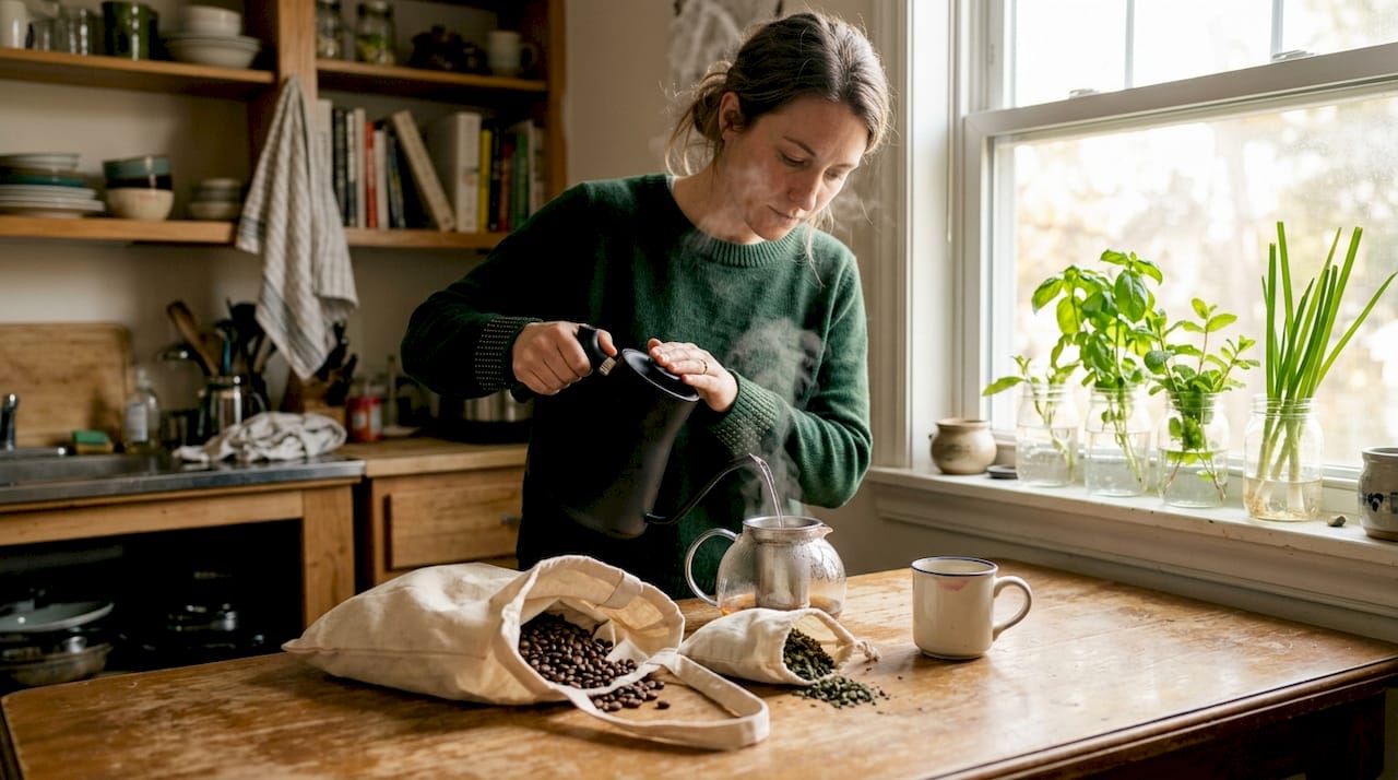 Woman brews eco-friendly coffee and tea