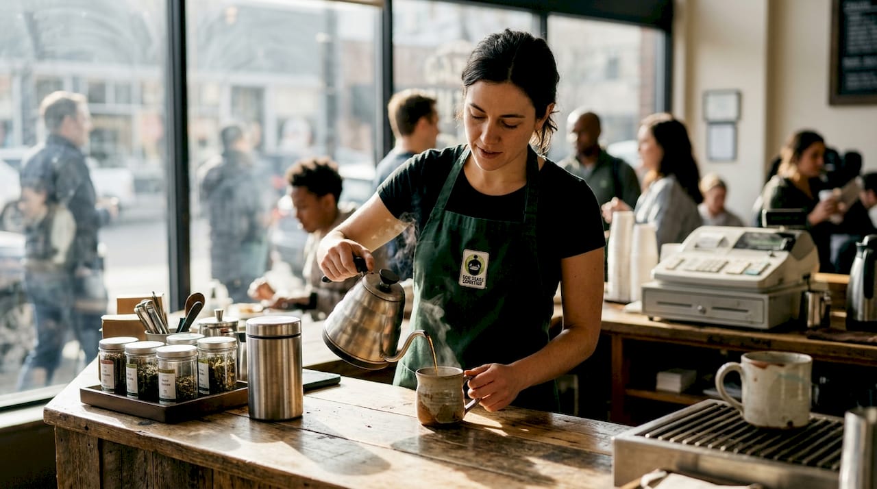 Barista pours coffee in an eco-friendly café