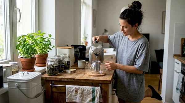 Woman brewing sustainable tea at kitchen counter