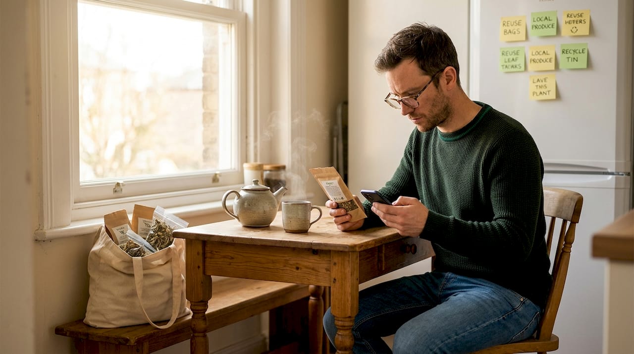 Person checks sustainable tea certifications at kitchen table