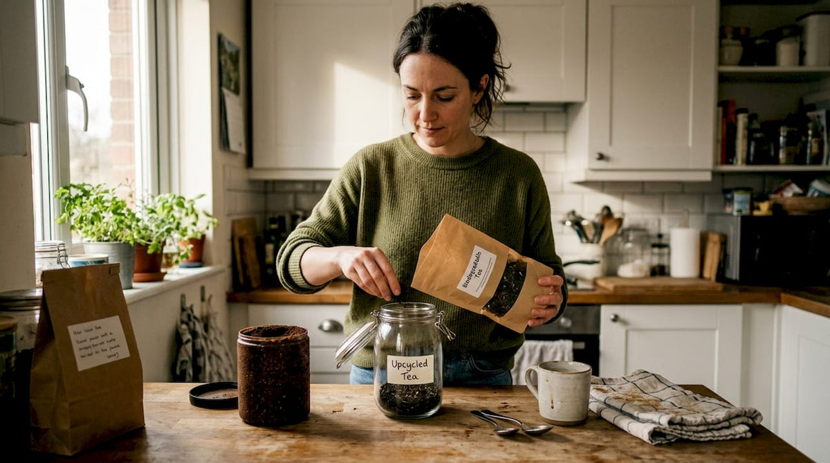 Woman filling jar with upcycled tea packaging