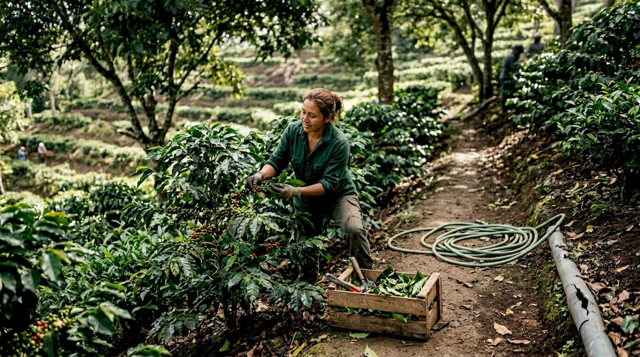 Farmer inspects coffee plants on shade farm