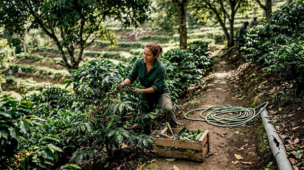 Farmer inspects coffee plants on shade farm