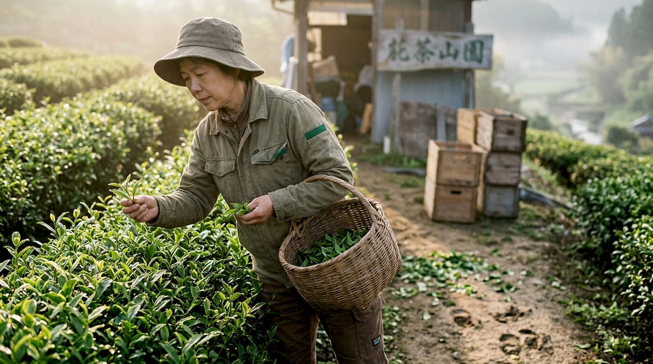 Tea farmer tending tea bushes at sunrise