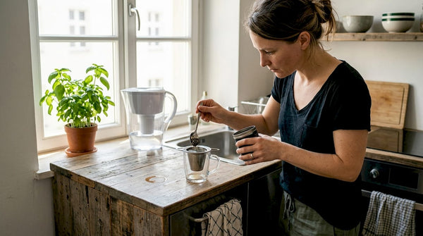 Woman making eco-conscious loose leaf tea at kitchen counter