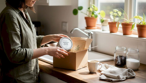 Woman assembling eco-friendly coffee tea gift kitchen