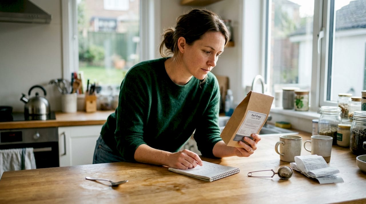 Woman choosing ethical tea in home kitchen