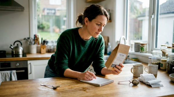Woman choosing ethical tea in home kitchen