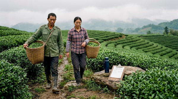 Tea farm workers harvesting leaves in field