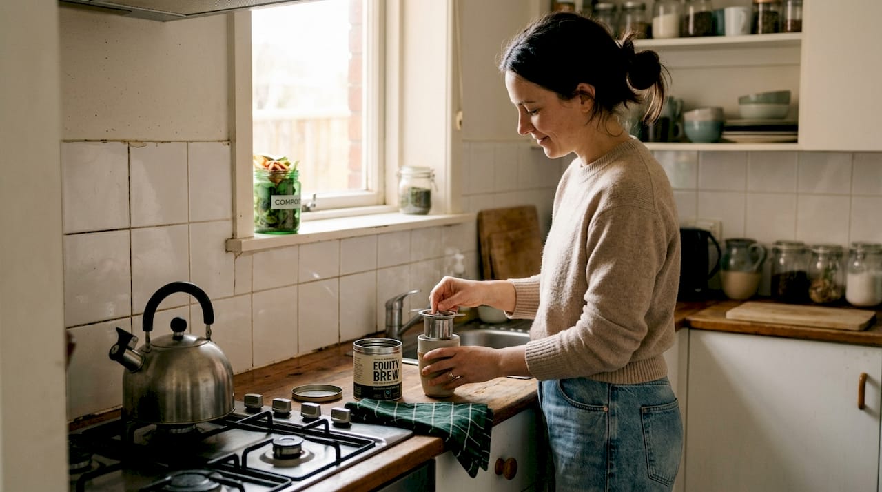 Woman preparing eco-friendly tea in home kitchen