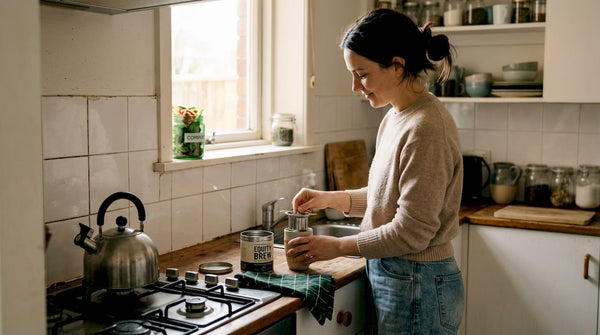 Woman preparing eco-friendly tea in home kitchen