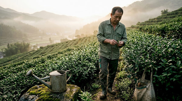 Tea grower walking through organic tea field