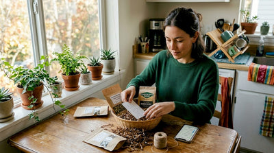 Woman assembling eco-friendly coffee and tea gift basket