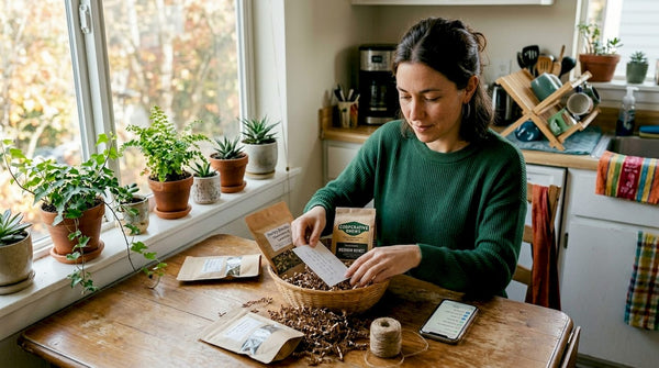 Woman assembling eco-friendly coffee and tea gift basket