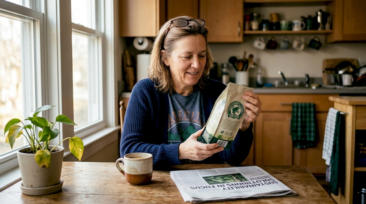 Woman examining Rainforest Alliance coffee label