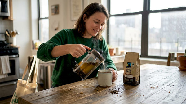 Woman making certified coffee and tea at kitchen table