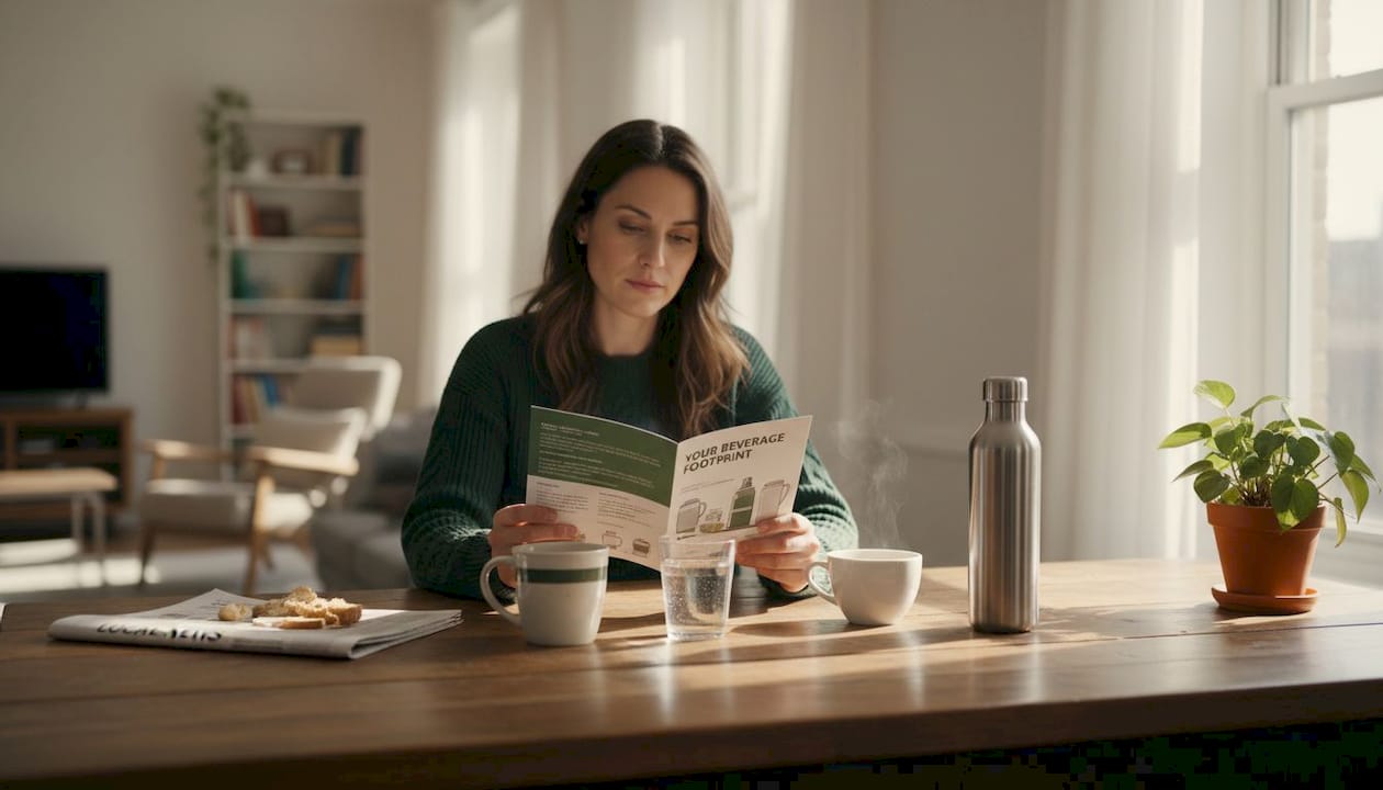 Woman reviewing beverage choices at kitchen table