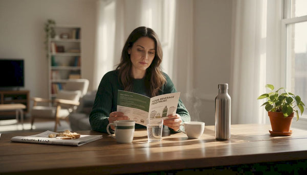 Woman reviewing beverage choices at kitchen table