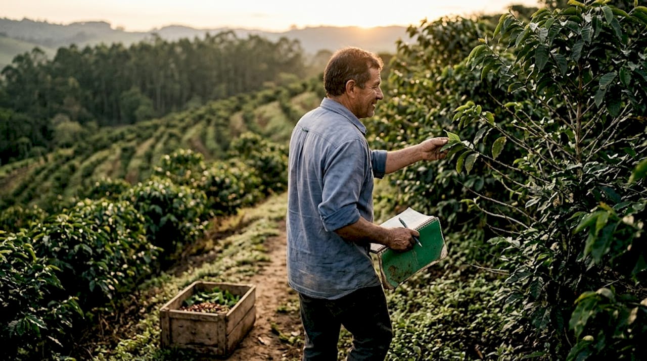 Coffee farmer inspecting beans at sunrise