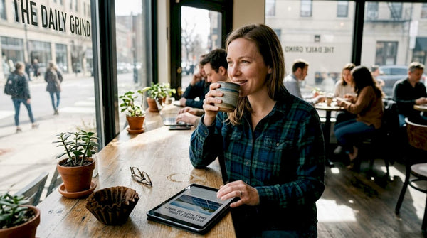 Woman enjoying sustainable coffee in lively café