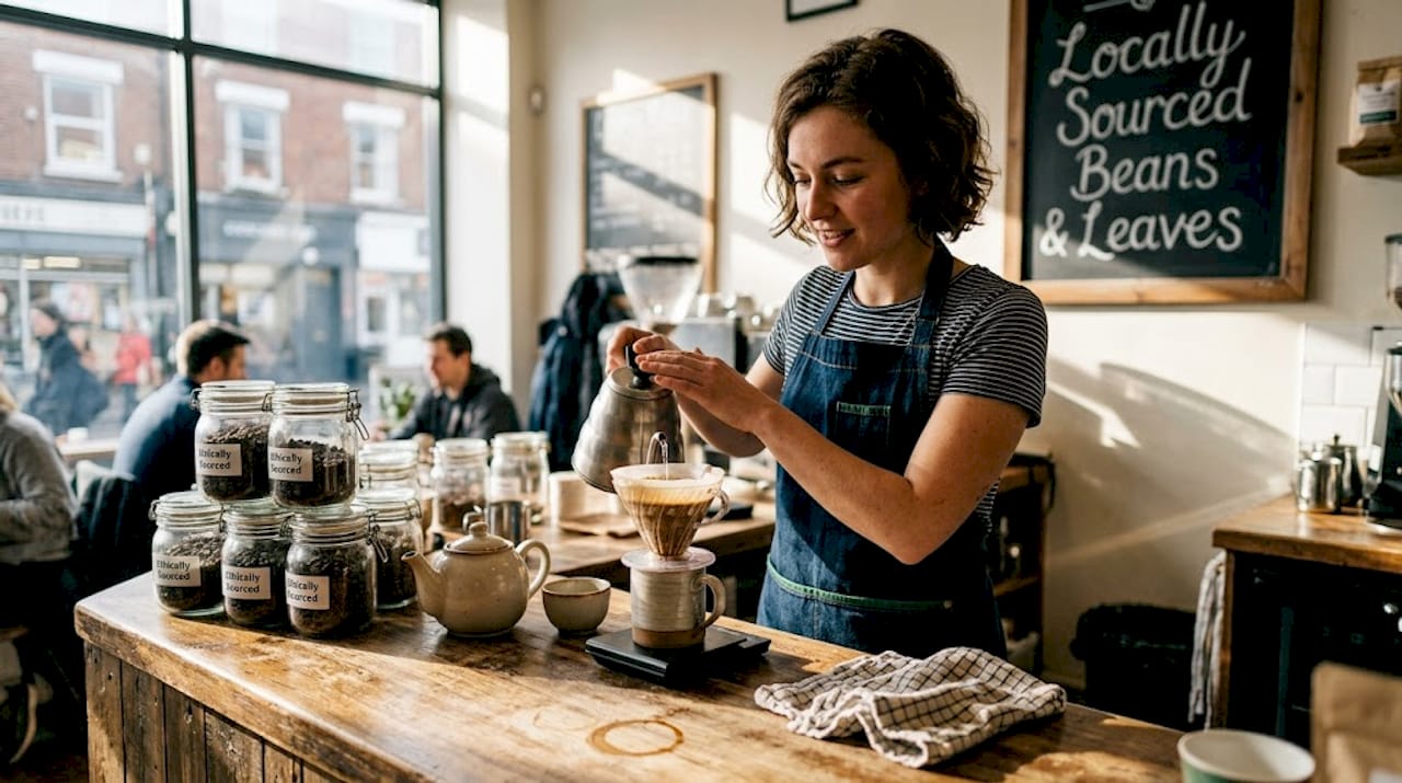 Barista preparing coffee with ethical signage