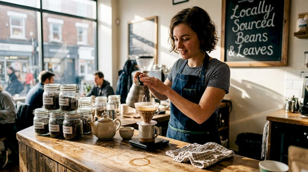 Barista preparing coffee with ethical signage