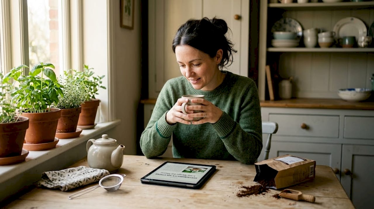 Woman enjoying coffee and tea while researching sustainability