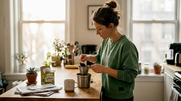 Morning coffee grounds composting in home kitchen