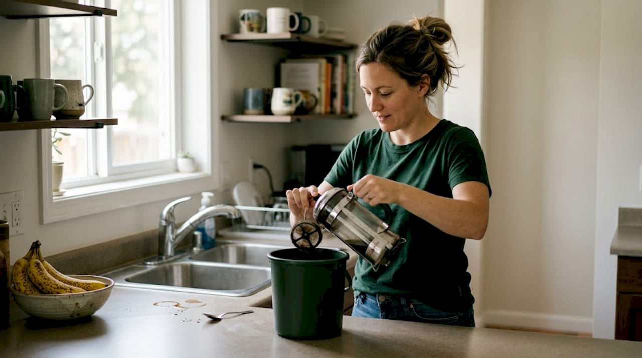 Woman composting coffee grounds in sunny kitchen